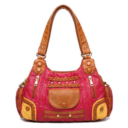 Women's Small Vegan Leather Hobo Bag in Rose Red Patchwork
