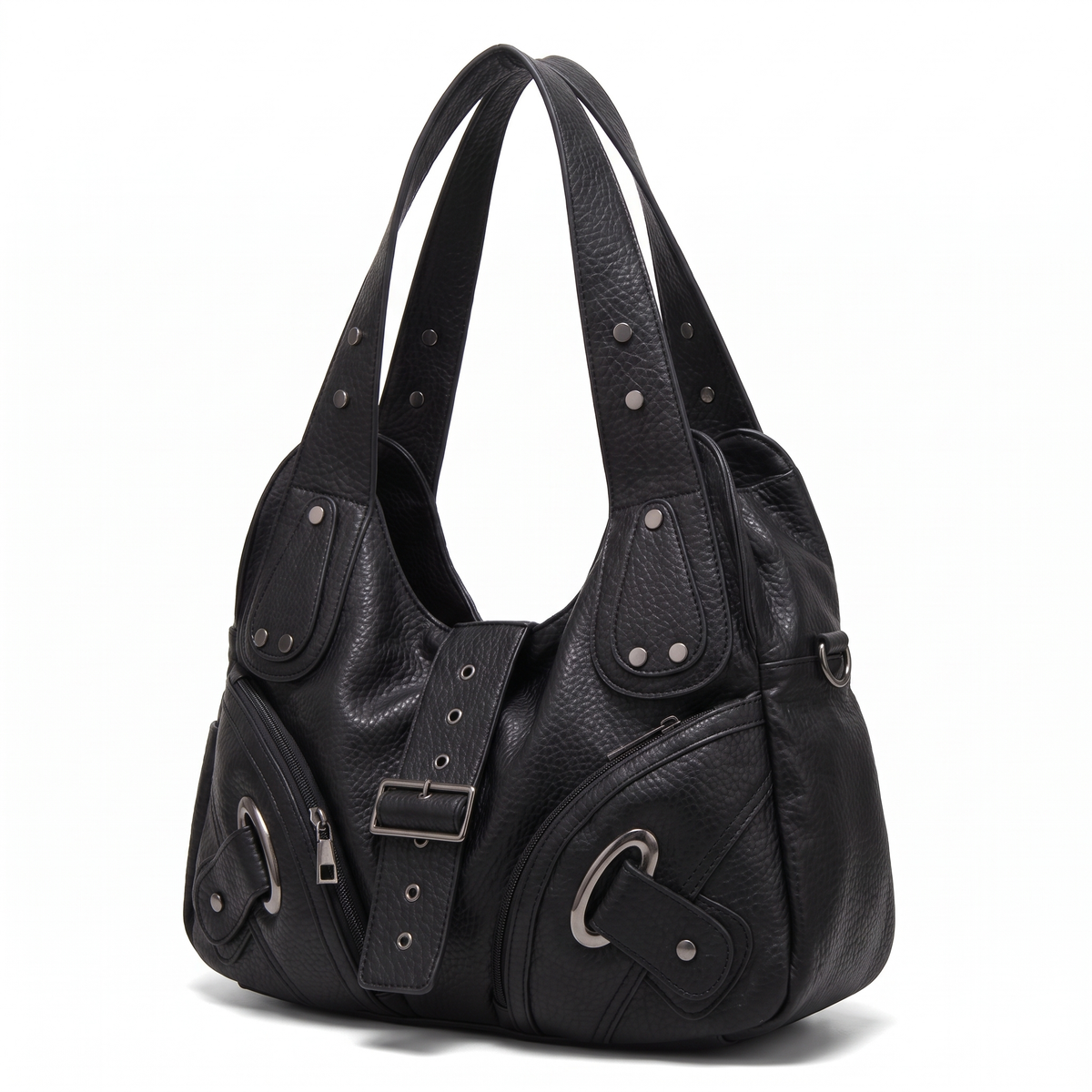 Women's Studded Vegan Leather Hobo Bag, three-quarter view
