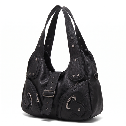 Women's Studded Vegan Leather Hobo Bag, three-quarter view
