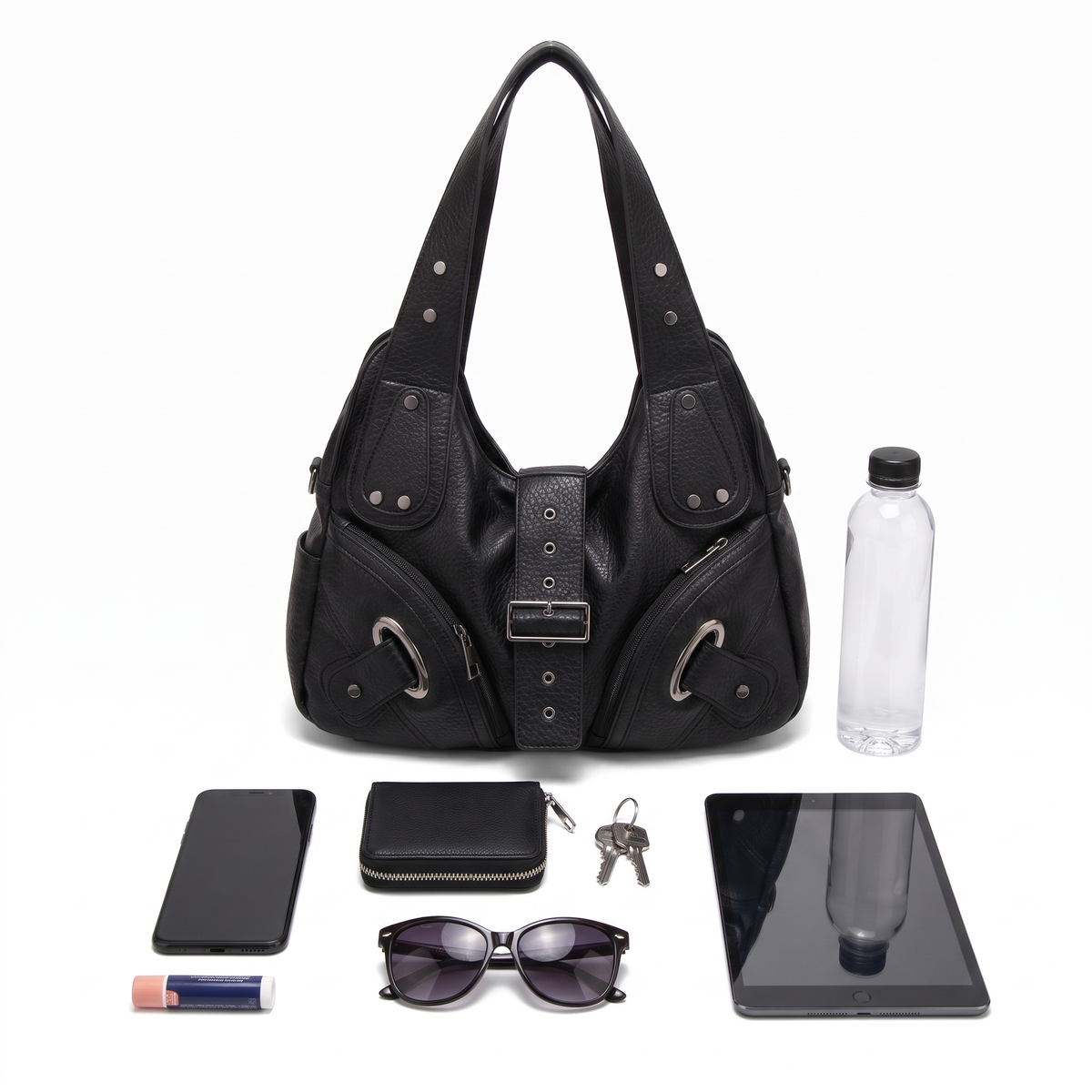 Women's Studded Vegan Leather Hobo Bag, what fits inside