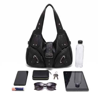 Women's Studded Vegan Leather Hobo Bag, what fits inside