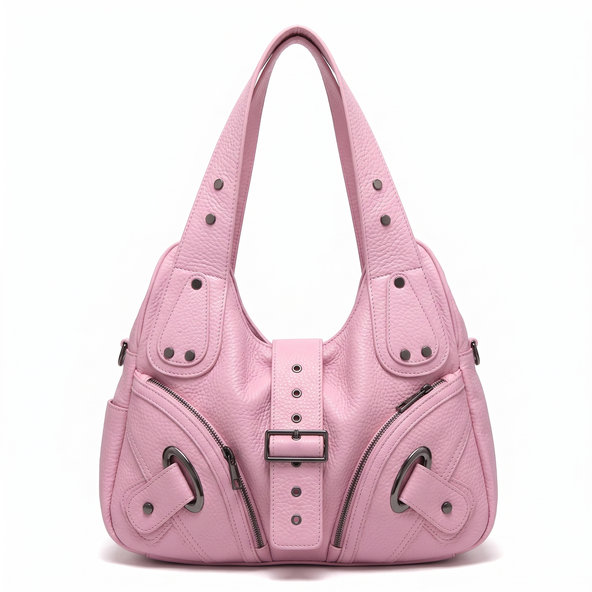 Women's Studded Vegan Leather Hobo Bag in Baby Pink