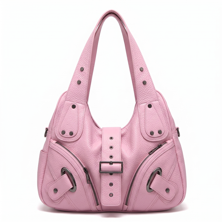 Women's Studded Vegan Leather Hobo Bag, Black Buckle Strap Shoulder Bag — Baby Pink