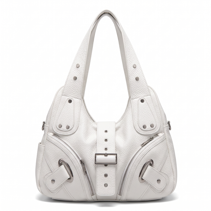 Women's Studded Vegan Leather Hobo Bag, Black Buckle Strap Shoulder Bag — White