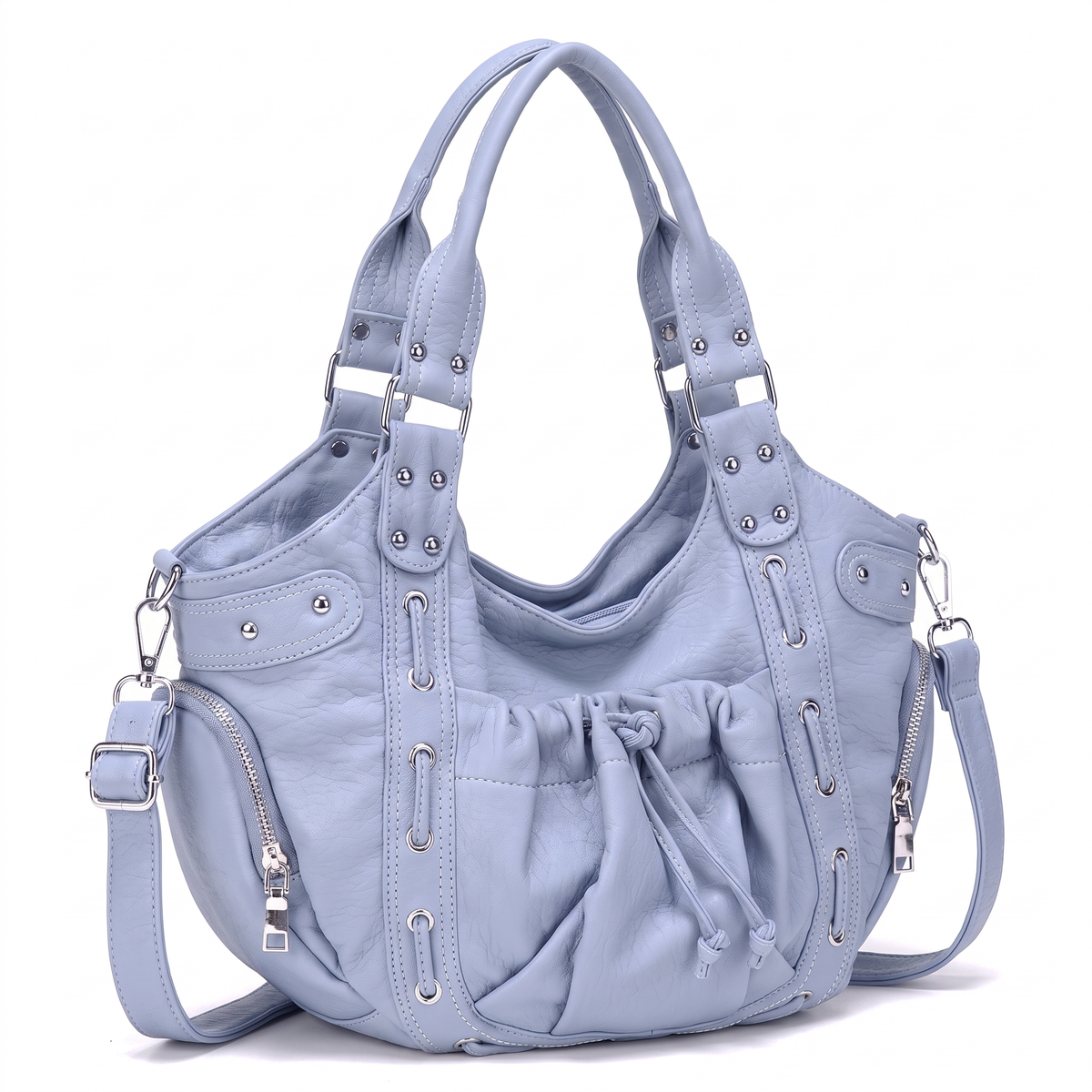 Women's Studded Vegan Leather Hobo Bag, three-quarter view