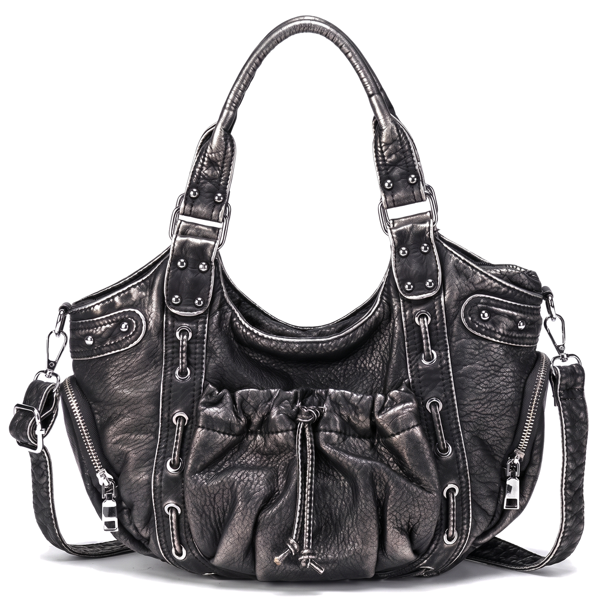 Women's Studded Vegan Leather Hobo Bag in Black Silver