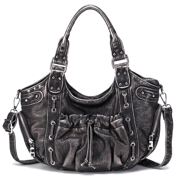 Women's Studded Vegan Leather Hobo Bag, Sky Blue Ruched Drawstring Crossbody Bag — Black Silver