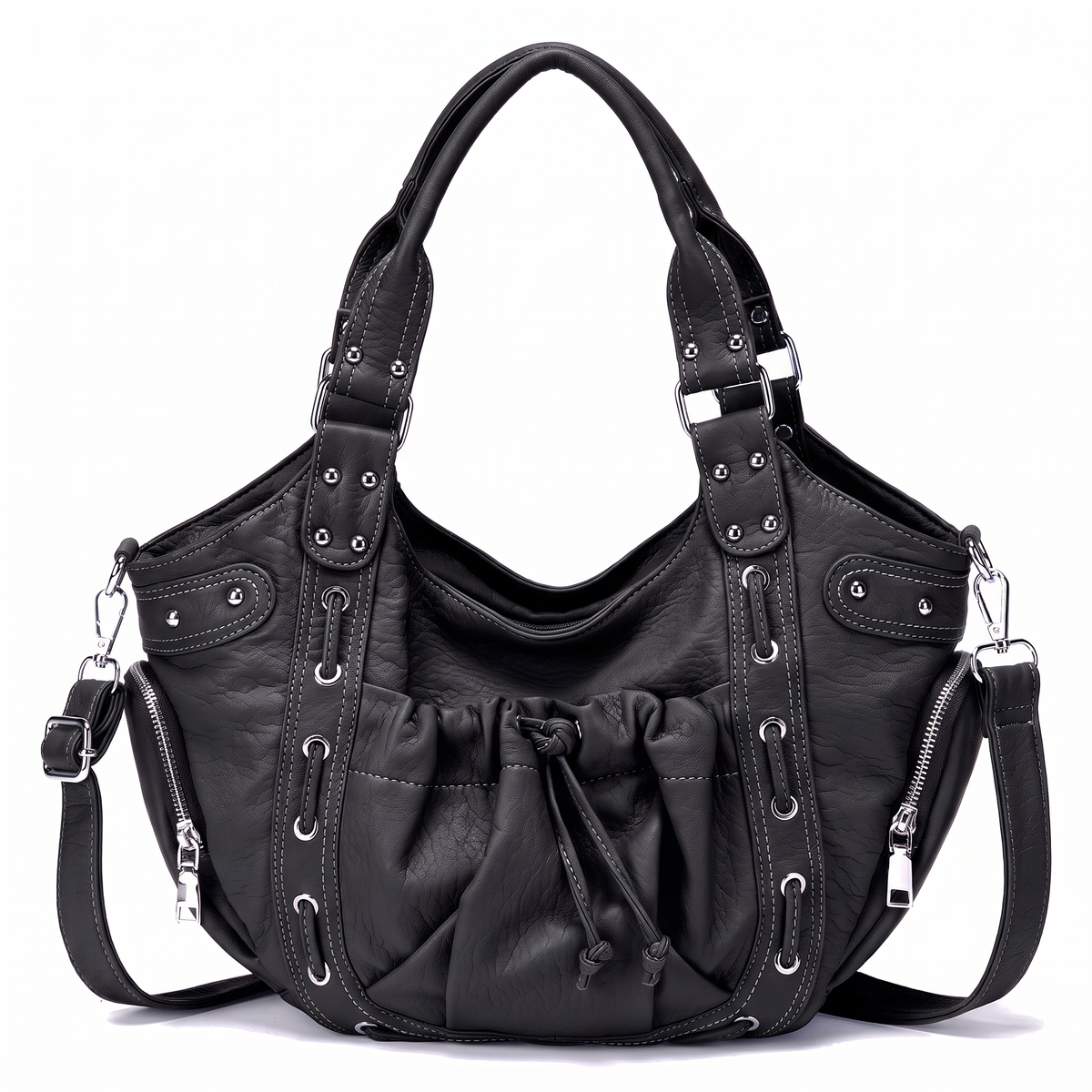 Women's Studded Vegan Leather Hobo Bag in Black