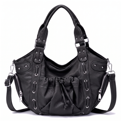 Women's Studded Vegan Leather Hobo Bag in Black