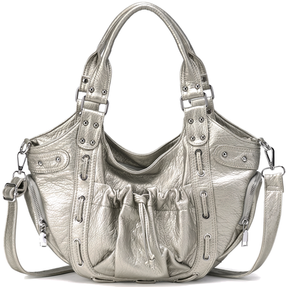 Women's Studded Vegan Leather Hobo Bag in Silver