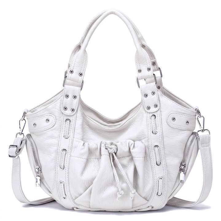 Women's Studded Vegan Leather Hobo Bag, Sky Blue Ruched Drawstring Crossbody Bag — White