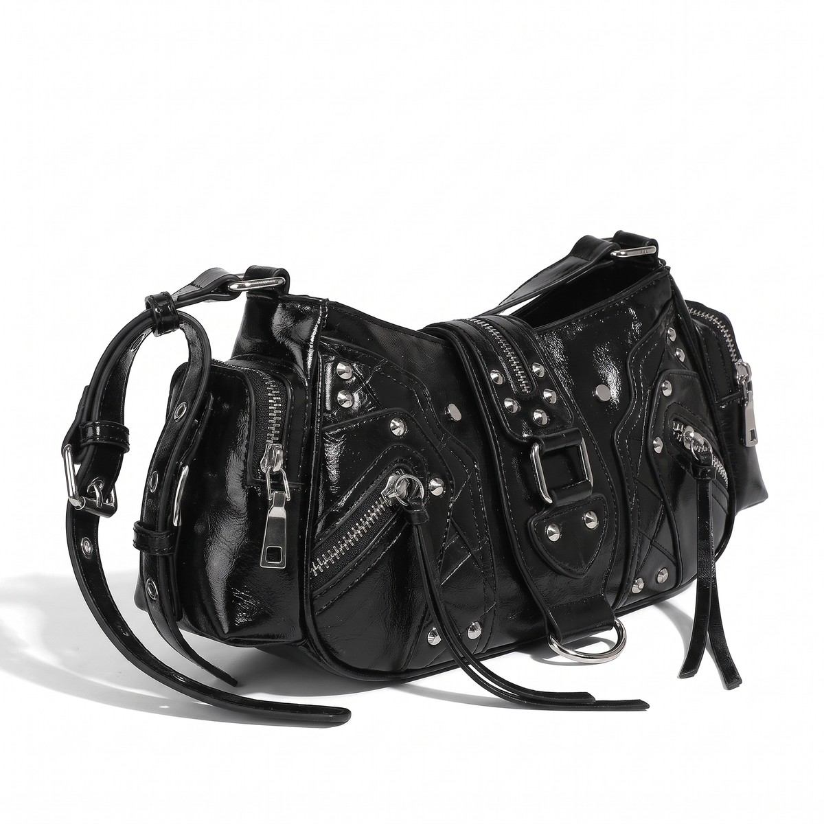 Women's Studded Vegan Leather Shoulder Bag, three-quarter view