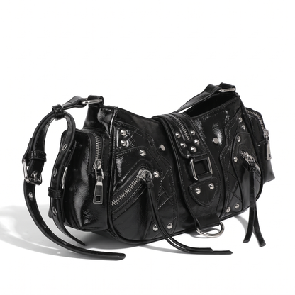 Women's Studded Vegan Leather Shoulder Bag, three-quarter view