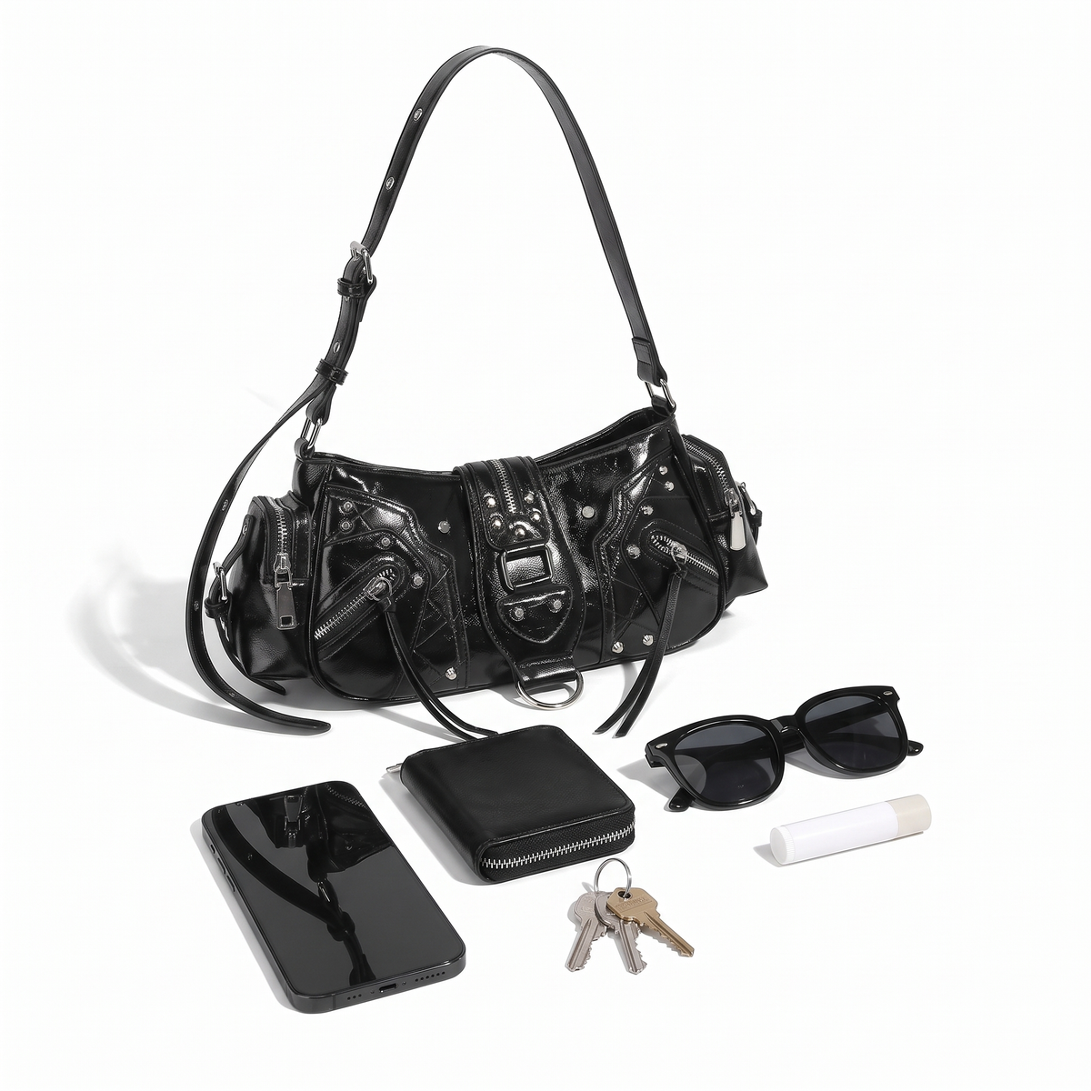 Women's Studded Vegan Leather Shoulder Bag, what fits inside