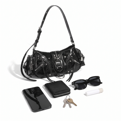 Women's Studded Vegan Leather Shoulder Bag, what fits inside