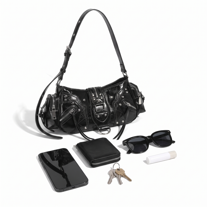 Women's Studded Vegan Leather Shoulder Bag, what fits inside