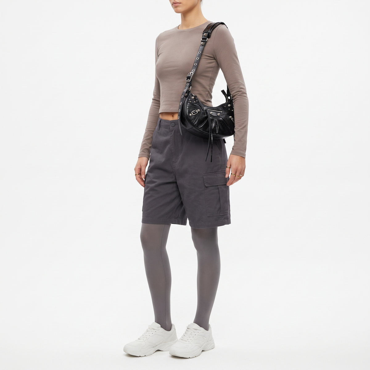 Women's Studded Vegan Leather Shoulder Bag, worn by a model