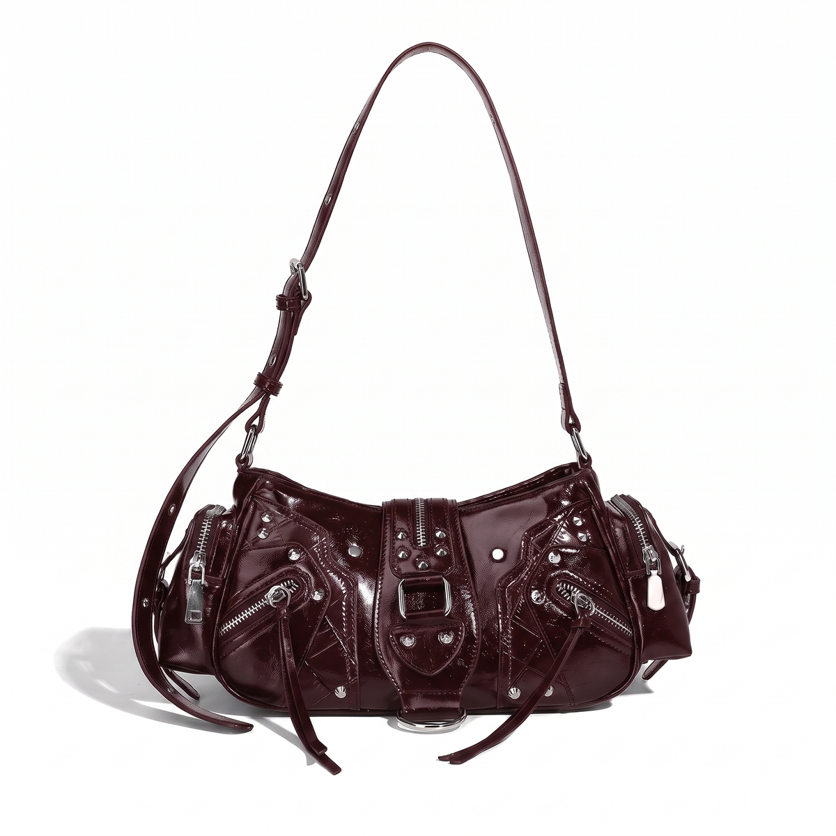 Women's Studded Vegan Leather Shoulder Bag in Burgundy