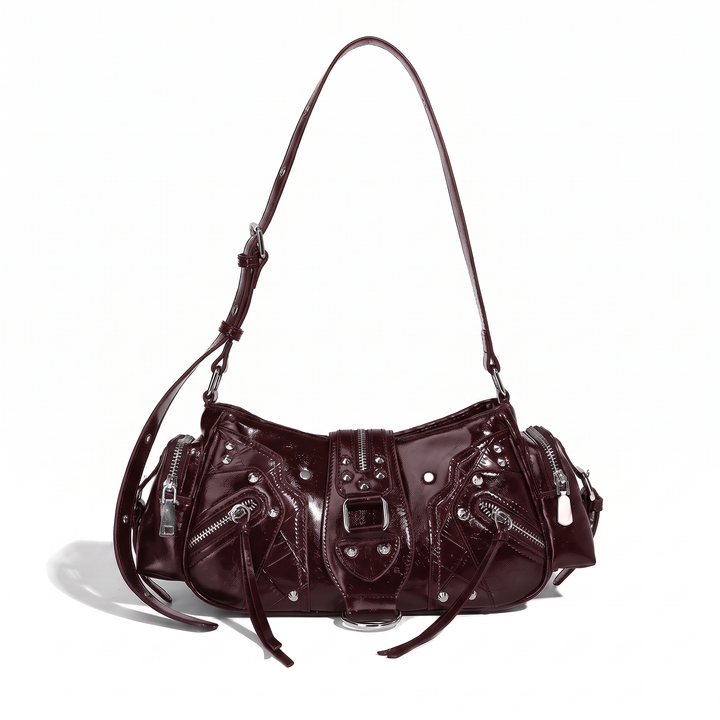Women's Studded Vegan Leather Shoulder Bag, Black Biker Zip Pocket Bag — Burgundy