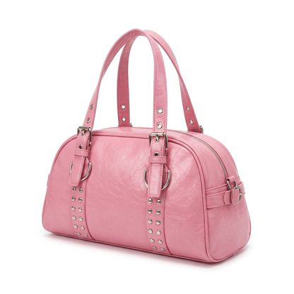 Women's Studded Vegan Leather Shoulder Bag, three-quarter view