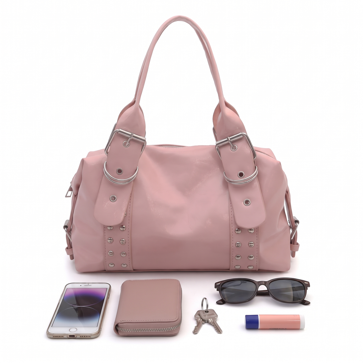 Women's Studded Vegan Leather Shoulder Bag, what fits inside