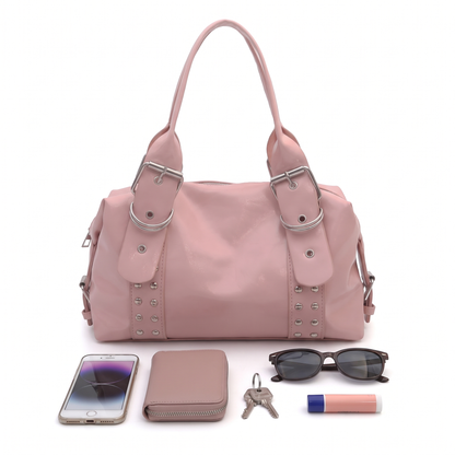 Women's Studded Vegan Leather Shoulder Bag, what fits inside