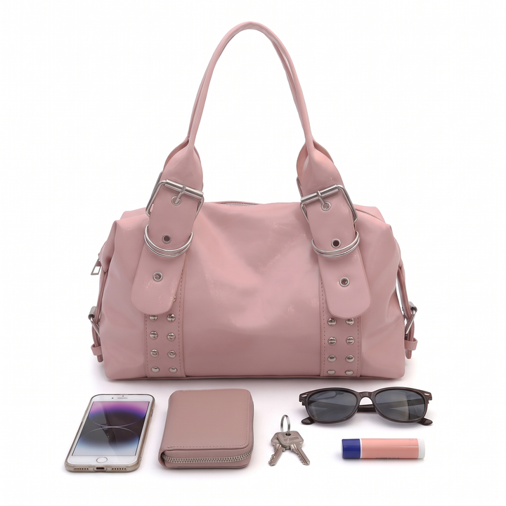 Women's Studded Vegan Leather Shoulder Bag, what fits inside