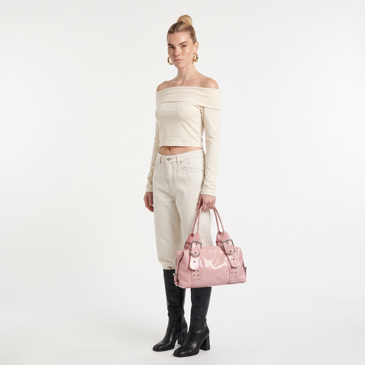 Women's Studded Vegan Leather Shoulder Bag, worn by a model