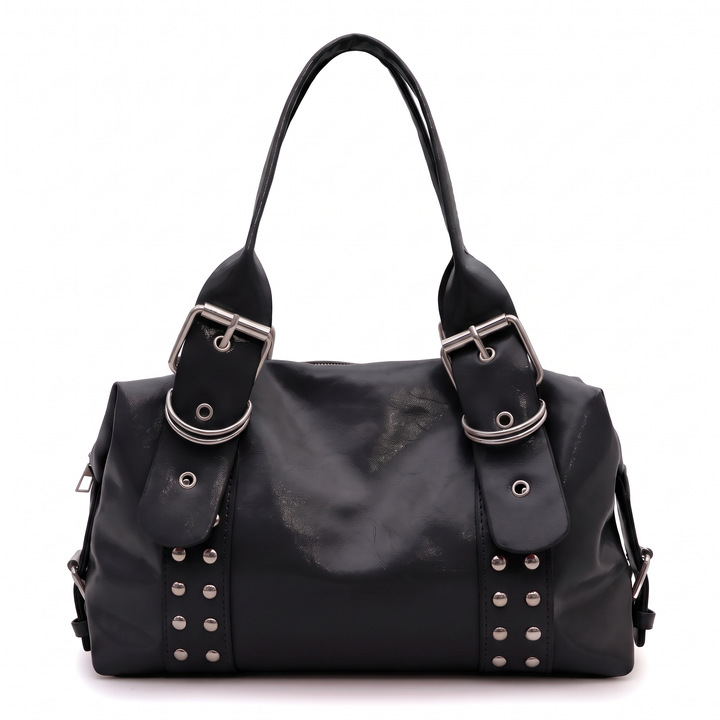 Women's Studded Vegan Leather Shoulder Bag, Pink Silver Buckle Bowling Bag — Black