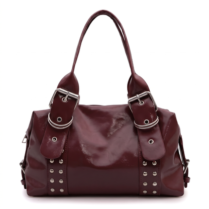 Women's Studded Vegan Leather Shoulder Bag in Burgundy