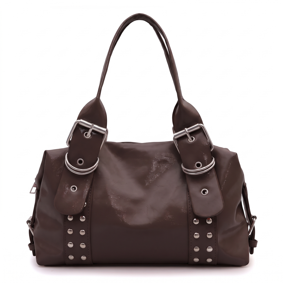 Women's Studded Vegan Leather Shoulder Bag in Chocolate Brown