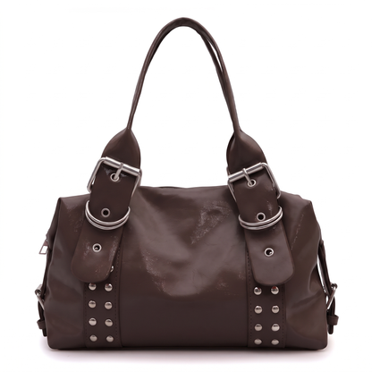 Women's Studded Vegan Leather Shoulder Bag in Chocolate Brown
