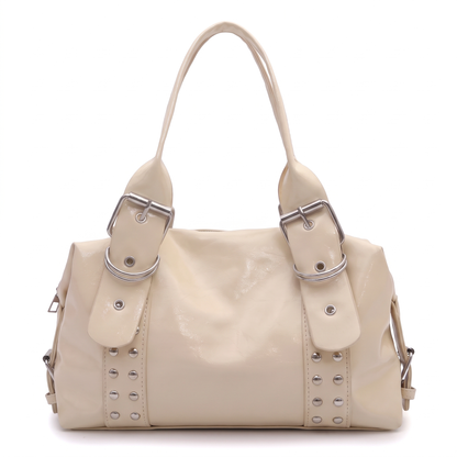 Women's Studded Vegan Leather Shoulder Bag in Cream