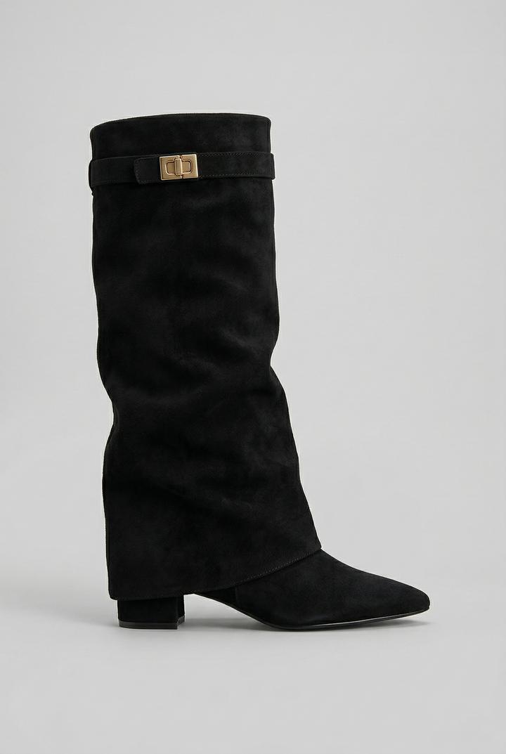 Women's Suede Knee-High Block Heel Boots in Black (Suede Look)