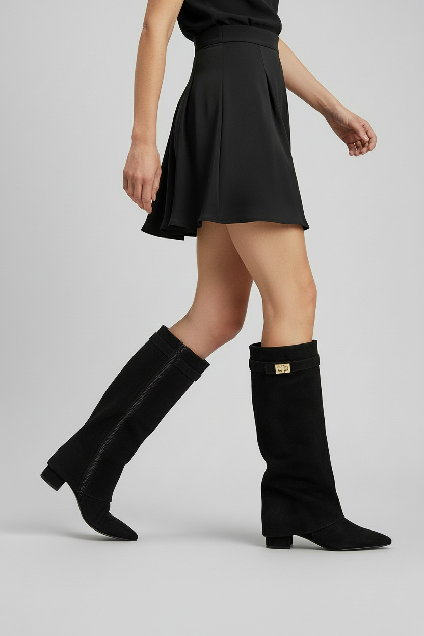 Women's Suede Knee-High Block Heel Boots in Black (Suede Look), another view