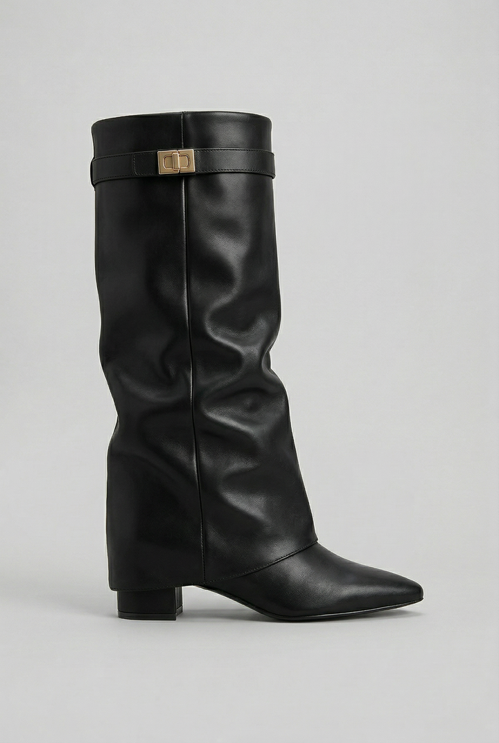 Women's Suede Knee-High Block Heel Boots in Black (Leather Look)
