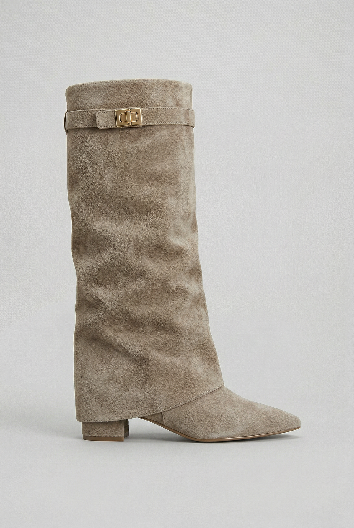Women's Suede Knee-High Block Heel Boots in Taupe (Suede Look)