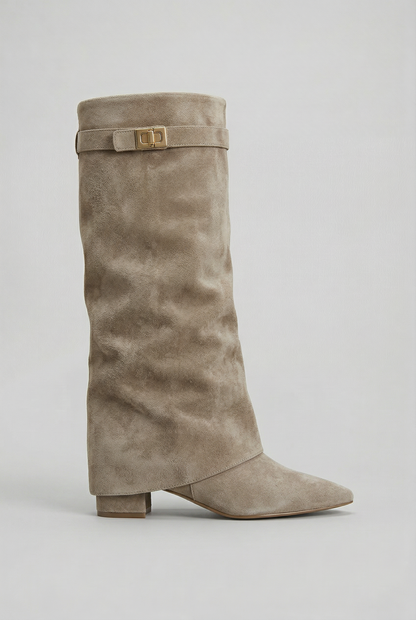 Women's Suede Knee-High Block Heel Boots in Taupe (Suede Look)