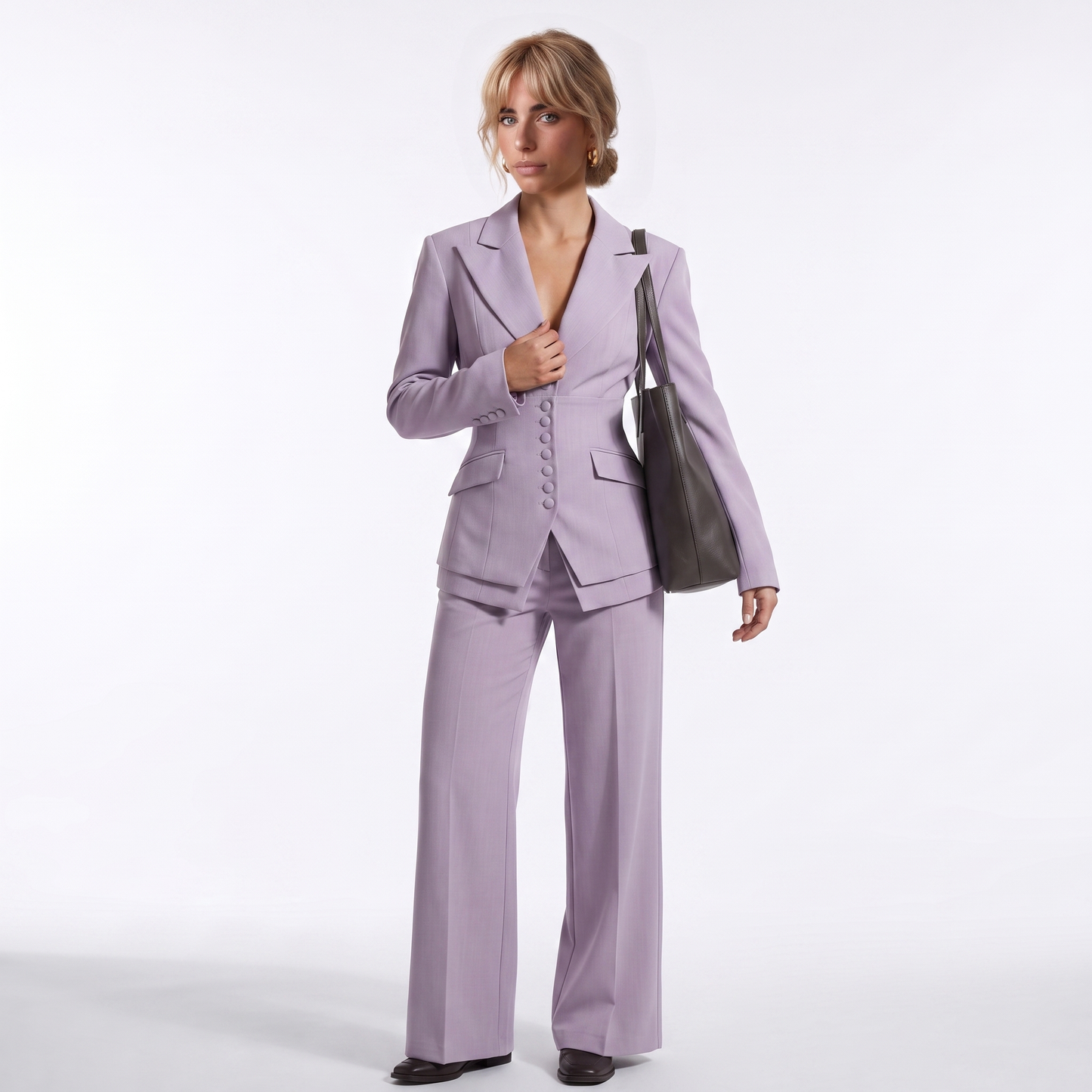 Sunoire womens tailored blazer and wide leg trousers elegant formal pant suit set colorway purple front hero 01