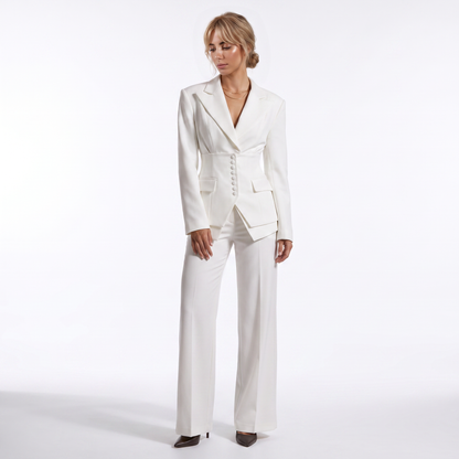 Sunoire womens tailored blazer and wide leg trousers elegant formal pant suit set colorway white front hero 01
