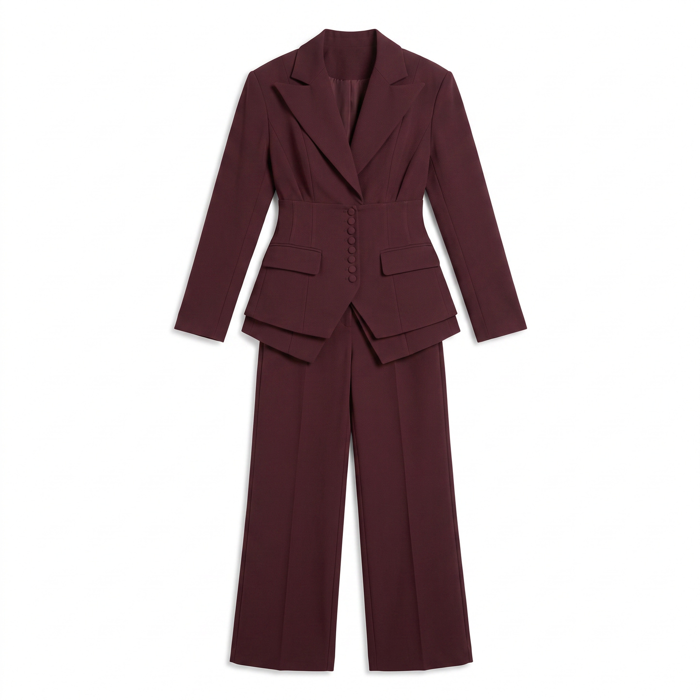 Sunoire womens tailored blazer and wide leg trousers elegant formal pant suit set garment flatlay 01