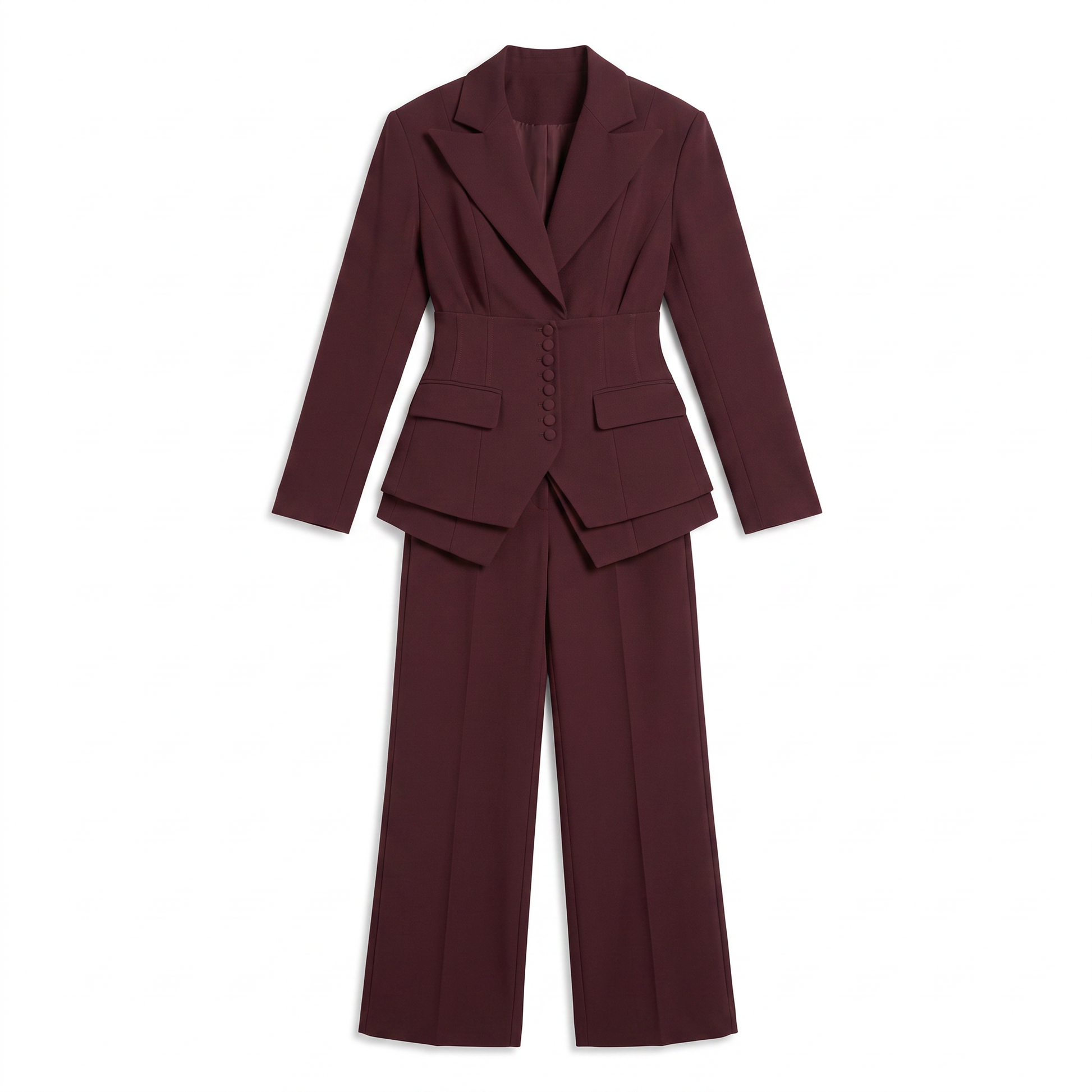 Sunoire womens tailored blazer and wide leg trousers elegant formal pant suit set garment flatlay 01