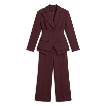 Sunoire womens tailored blazer and wide leg trousers elegant formal pant suit set garment flatlay 01