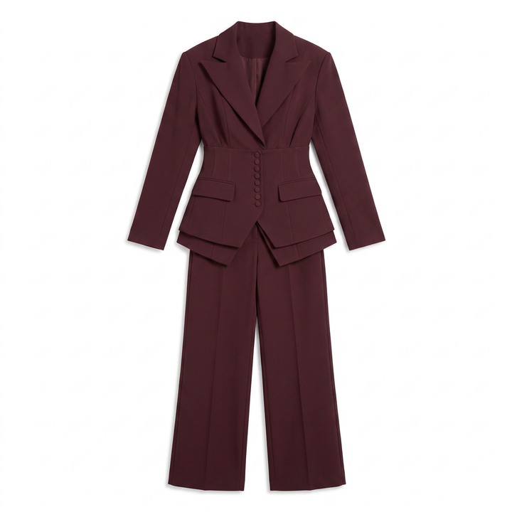 Sunoire womens tailored blazer and wide leg trousers elegant formal pant suit set garment flatlay 01
