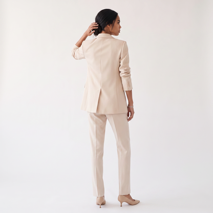 Sunoire womens textured blazer and pants set elegant fitted jacket with straight leg trousers back view 01