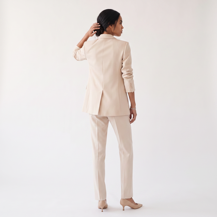 Sunoire womens textured blazer and pants set elegant fitted jacket with straight leg trousers back view 01