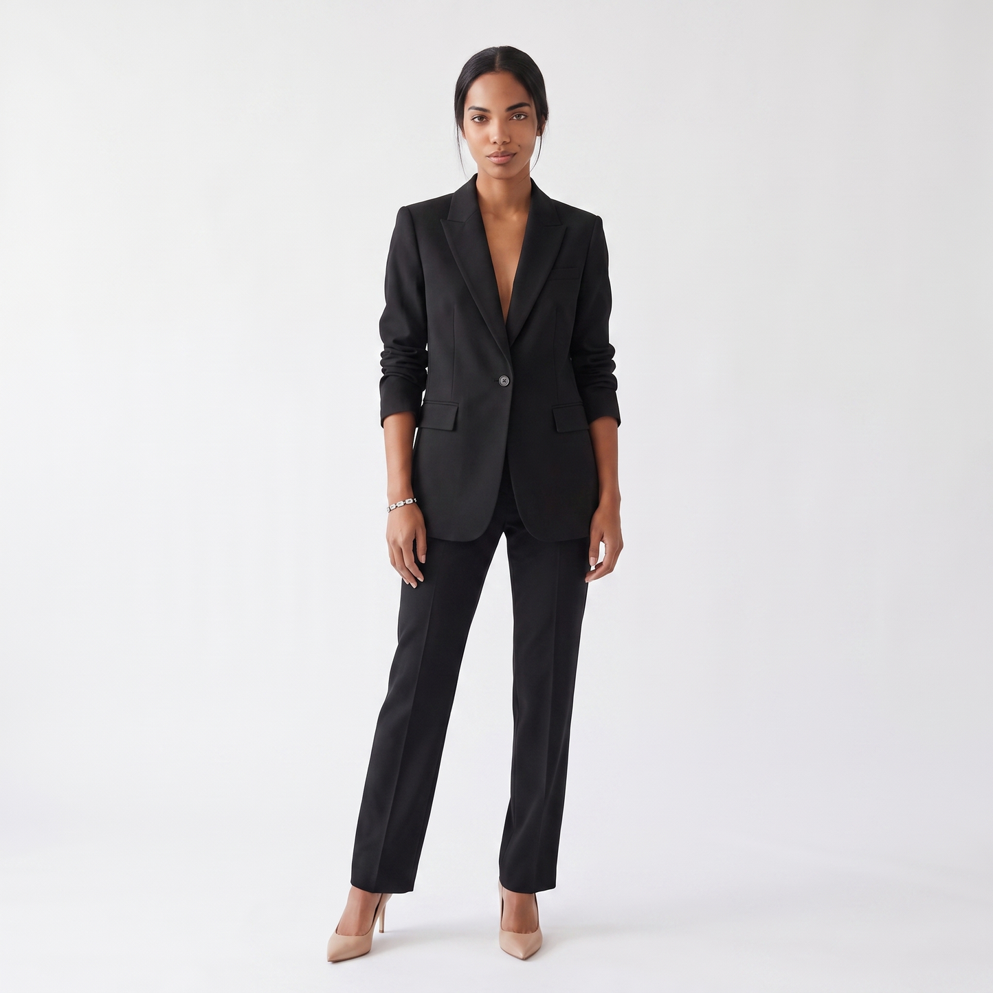 Sunoire womens textured blazer and pants set elegant fitted jacket with straight leg trousers colorway black front hero 01