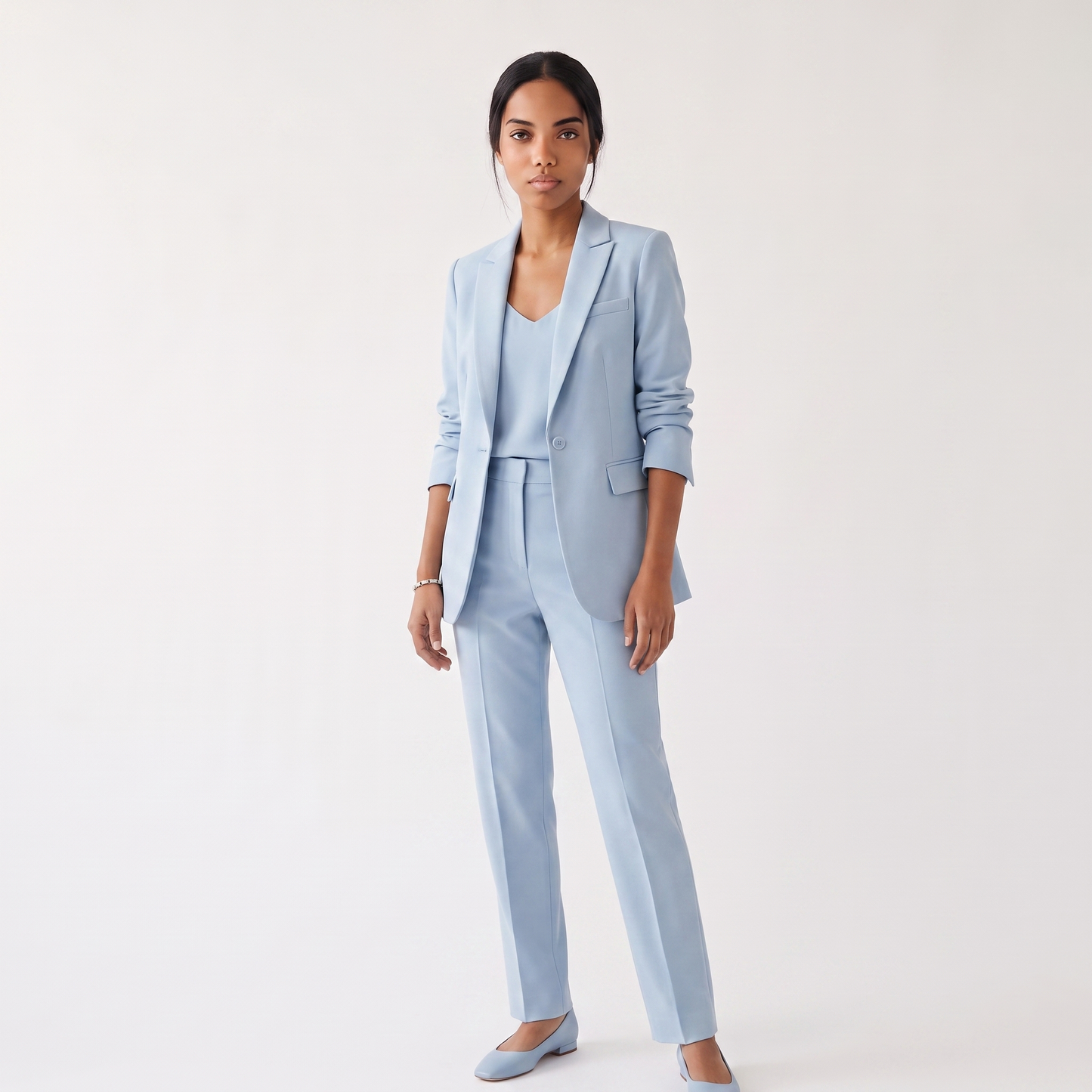 Sunoire womens textured blazer and pants set elegant fitted jacket with straight leg trousers colorway blue front hero 01