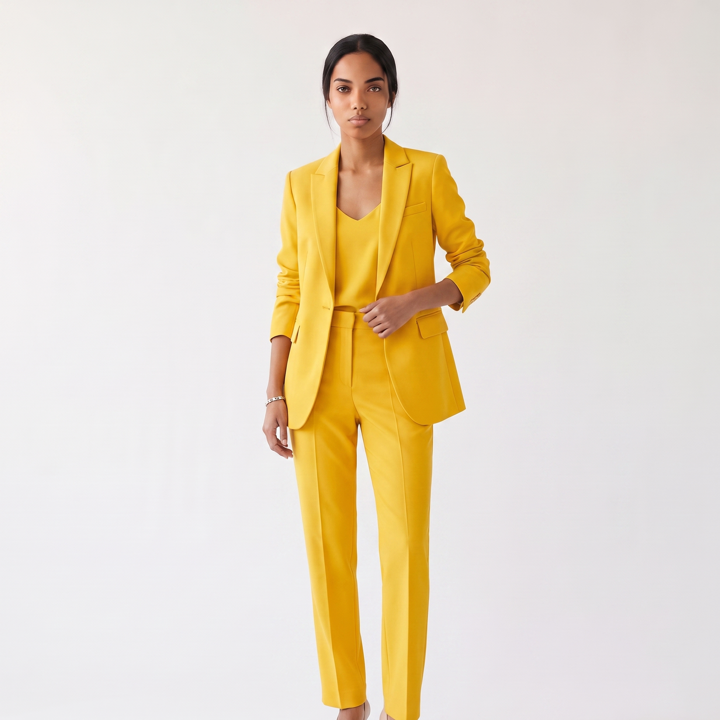 Sunoire womens textured blazer and pants set elegant fitted jacket with straight leg trousers colorway yellow front hero 01