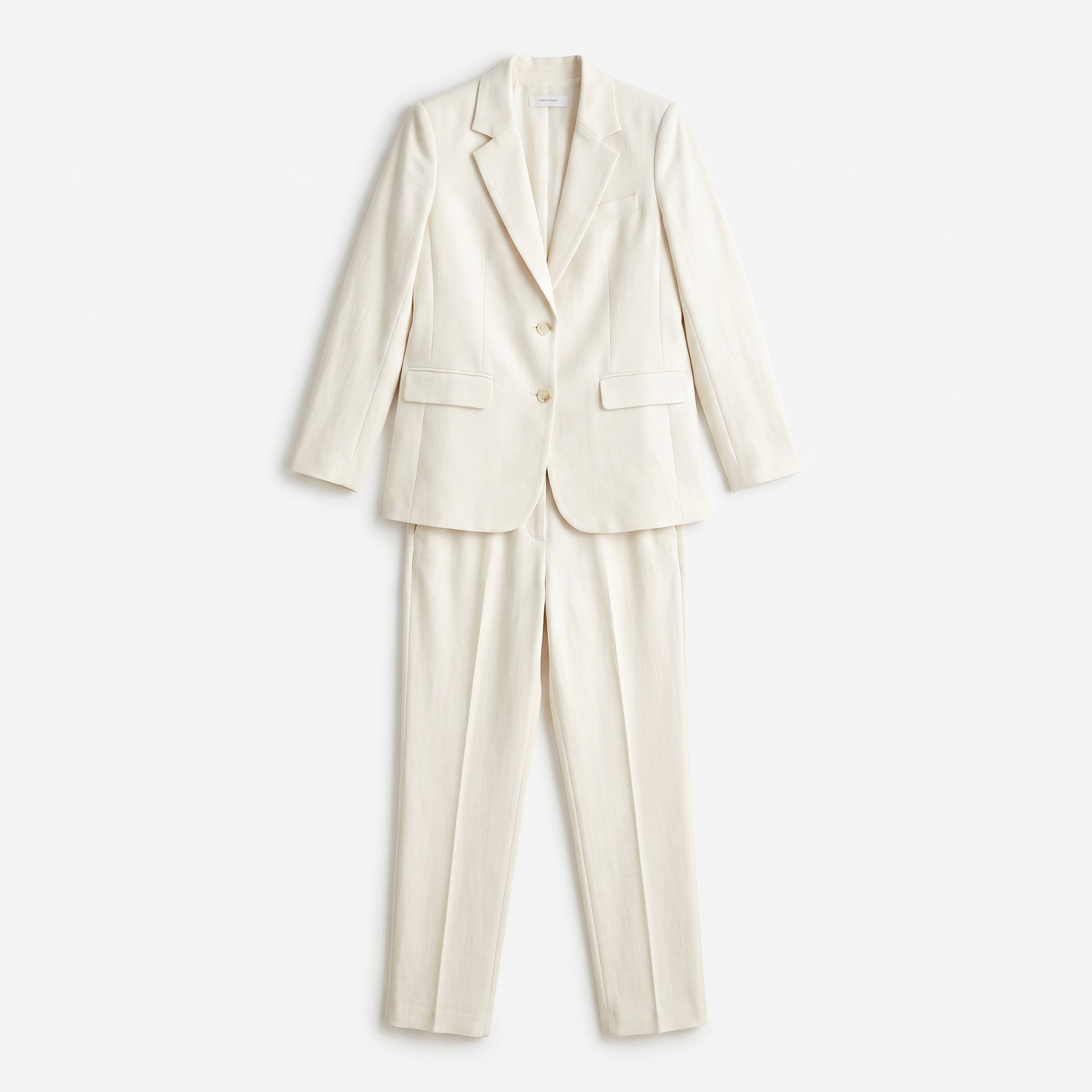 Sunoire womens textured blazer and pants set elegant fitted jacket with straight leg trousers garment flatlay 01
